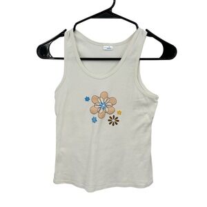 Y2K Daisy Flower Graphic Tank Top XS Cream Fitted Indie Soft Girl Retro Tee